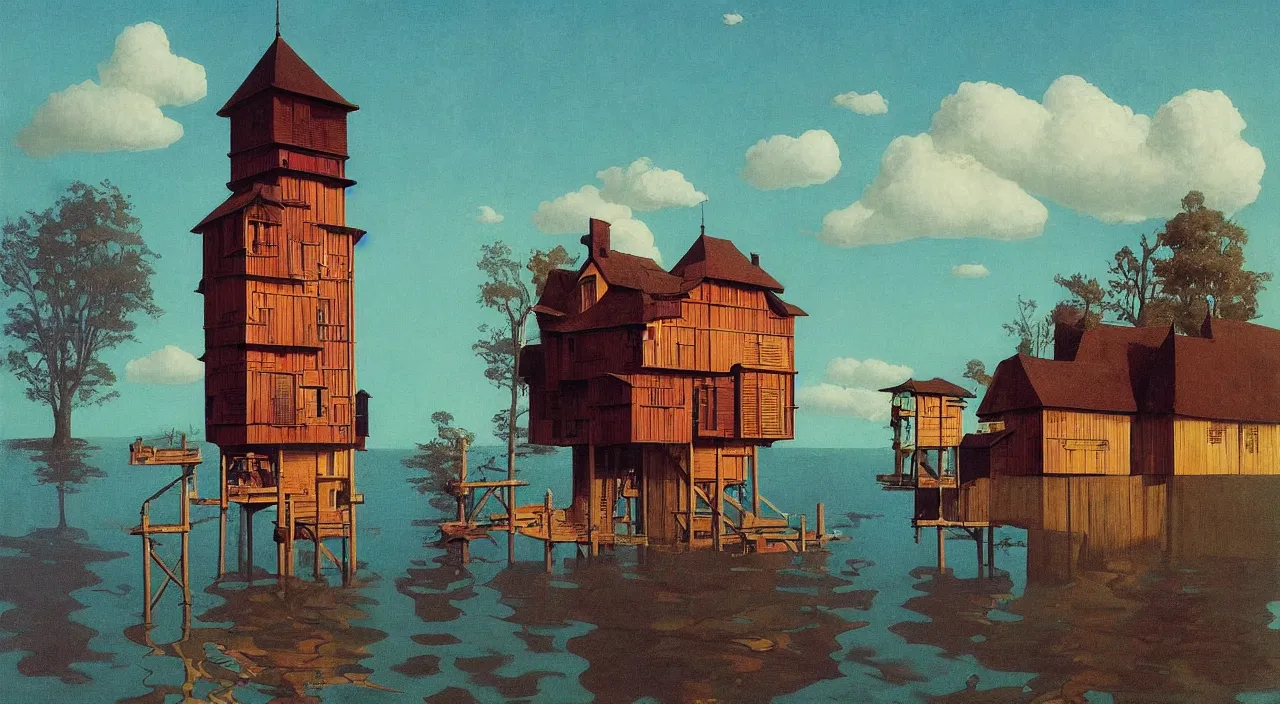 Prompt: single flooded simple wooden tower, very coherent and colorful high contrast!! masterpiece by rene magritte simon stalenhag carl spitzweg syd mead norman rockwell edward hopper james gilleard, surrealism!, minimalist, dark shadows, sunny day, hard lighting