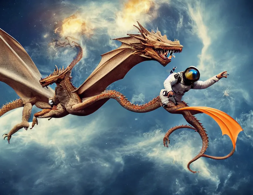Prompt: photograph of an astronaut riding a dragon
