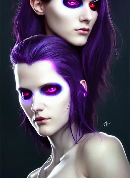 Image similar to symmetry portrait of a very beautiful caucasian young cyberpunk woman with dark purple hair wearing a mask, sci - fi, tech wear, glowing lights intricate, elegant, highly detailed, digital painting, artstation, concept art, smooth, sharp focus, illustration, art by artgerm and greg rutkowski and alphonse mucha