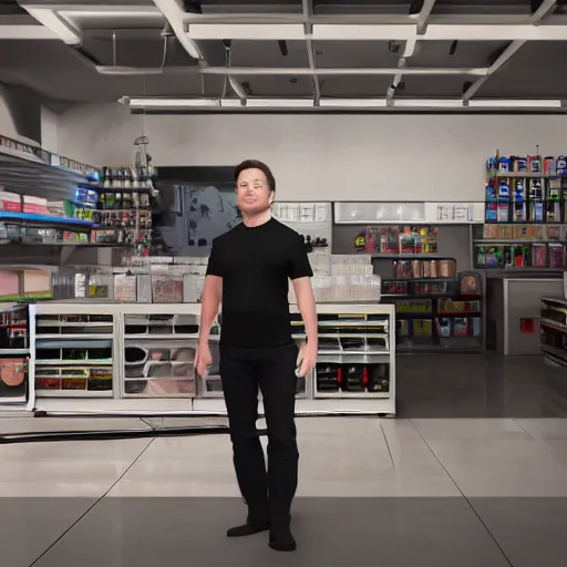 Prompt: elon musk working as a minimum wage employee in 7/11, realistic artstyle, wide shot, dramatic lighting, octane render, hyperrealistic, high quality, highly detailed, artstation, HD, beautiful, cinematic, 8k, unreal engine, facial accuracy, symmetrical