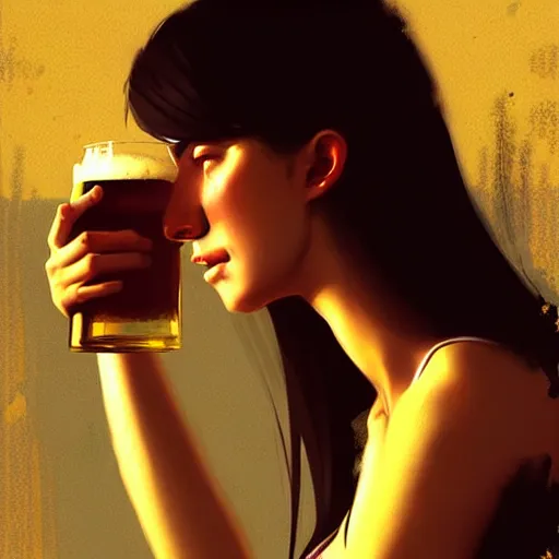 Image similar to a girl drinking beer, detailed digital art by greg rutkowski.