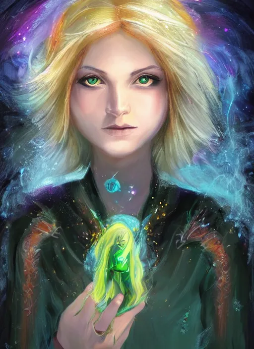 Image similar to Portrait of young female sorcerer, D&D fantasy, her hair is green and styled in a Bob Cut, magic particles fly from her hands, she has a distant expression, and is wearing a shirt and vest. A pixie with blonde hair floats above her shoulder. Intricate, highly detailed, digital painting, artstation, concept art, sharp focus, illustration, art by greg rutkowski and Ross Tran