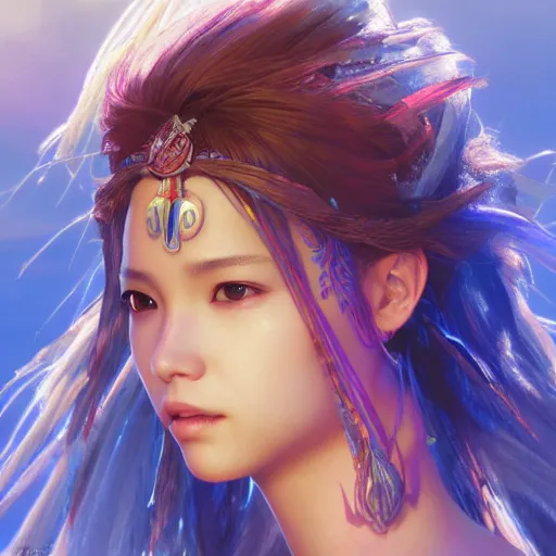 Prompt: a head and shoulders portrait of Yuna from Final Fantasy X, neon, retro, smooth, sharp focus, intricate, artstation, detailed concept art by Rutkowski and Mucha and sky sewa and Marc Simonetti