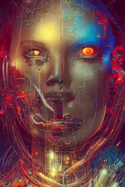 Image similar to portrait of computer & circuits, melting, nasa, 8 k, by tristan eaton, stanley artgermm, tom bagshaw, greg rutkowski, carne griffiths, ayami kojima, beksinski, giger, trending on deviantart, face enhance, hyper detailed, minimalist, cybernetic, android, blade runner, full of colour, super detailed