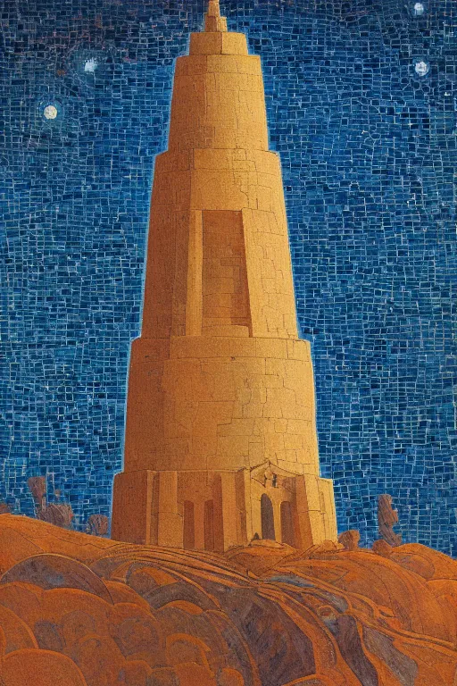 Image similar to painted tower of the moon, by Sylvain Sarrailh and Nicholas Roerich and Annie Swynnerton, dramatic cinematic lighting , beautiful tilework mosaics, ornate architecture, sacred artifacts, lost civilizations, smooth, sharp focus, extremely detailed