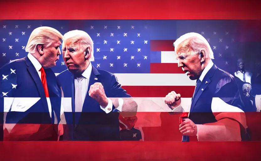 Image similar to a beautiful painting of donald trump and joe biden in a boxing match, cinematic angle, studio lighting, movie concept, trending on artstation, octane render, 8 k, ultra high detail