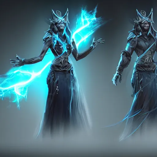 Image similar to character design, dark arcanist, blue lightning, blue mist, fog, scary, photorealistic, unreal engine