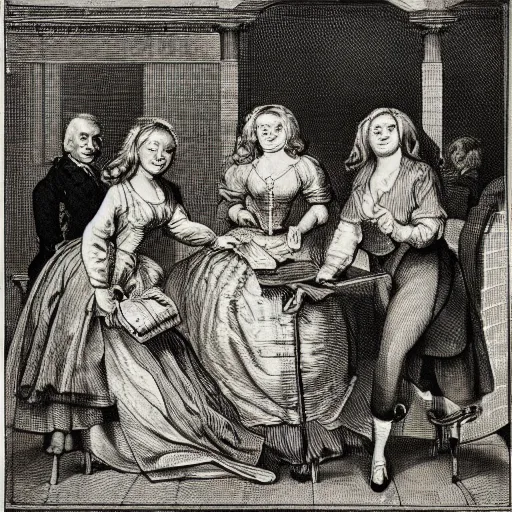 Image similar to Satirical illustration of coquette by William Hogarth, crosshatching