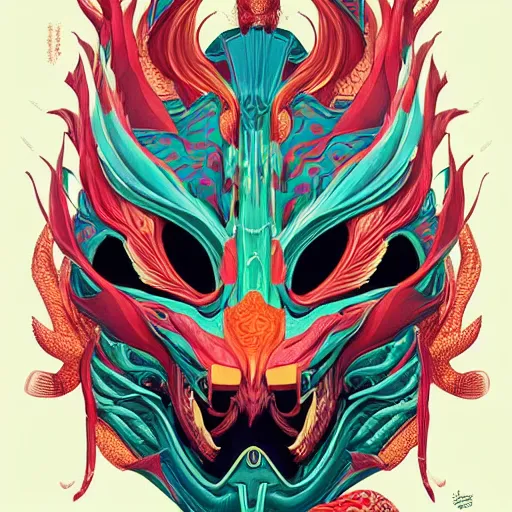 Prompt: Tristan Eaton, victo ngai, artgerm, symmetrical dragon mask, filled with anger and disgust