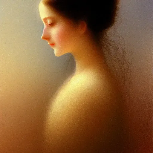 Prompt: A computer art beauty & mystery of the woman sitting before us. Enigmatic smile and gaze invite us into her world, and we cannot help but be drawn in. Soft features & delicate way she is dressed make her almost ethereal. Landscape distance and mystery. What secrets this woman holds. stencil by Tony Moore, by Ivan Aivazovsky passionate