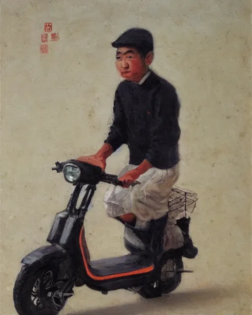 Prompt: asian school boy riding moped, aged oil painting by le pho