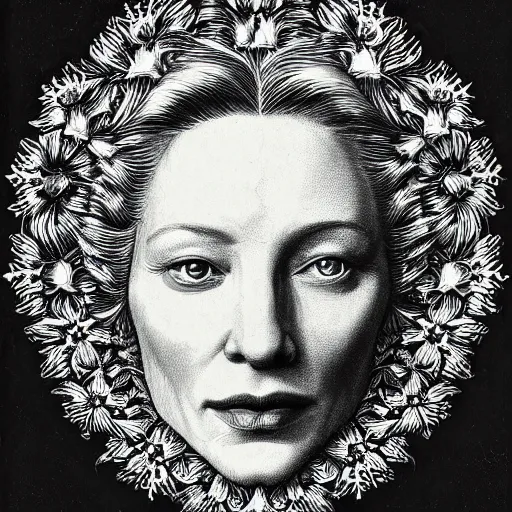 Prompt: Detailed drawing of cate blanchett by Ernst Haeckel