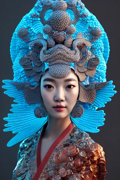 Image similar to 3 d goddess close - up profile portrait. beautiful intricate highly detailed korean gumiho mask and traditional korean hanbok. stingray, magpie, bio luminescent, plasma, lava, ice, water, wind, creature, artwork by tooth wu and wlop and beeple and greg rutkowski, octane 3 d render