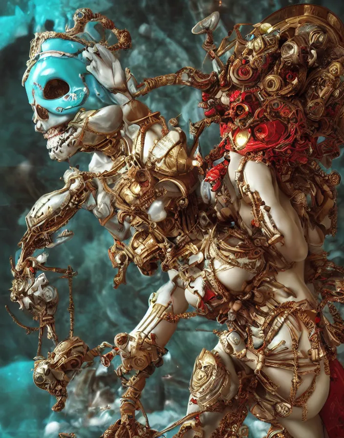 Prompt: positing on rock biomechanical asian goddess Spawn!, full lenght view. woman wearing a helmet. white plastic, human skull, swollen muscles, tumors, veins, baroque elements. halo. octane rendering, cinematic, hyperrealism, octane rendering, 8k, depth of field, bokeh. iridescent accents. vibrant. teal gold and red color scheme