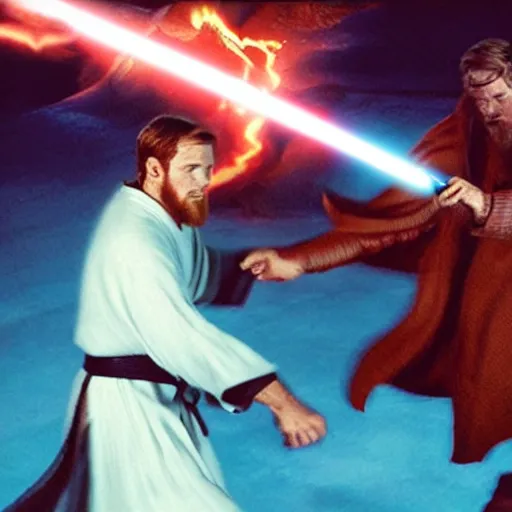 Prompt: a balrog fighting obi wan kenobi