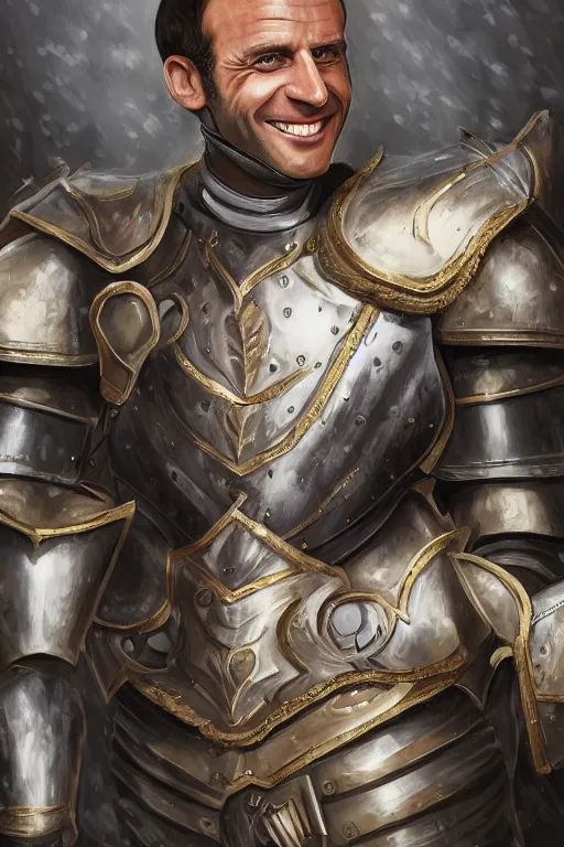 Image similar to emmanuel macron smiling while wearing armour, highly detailed, digital art, sharp focus, trending on art station