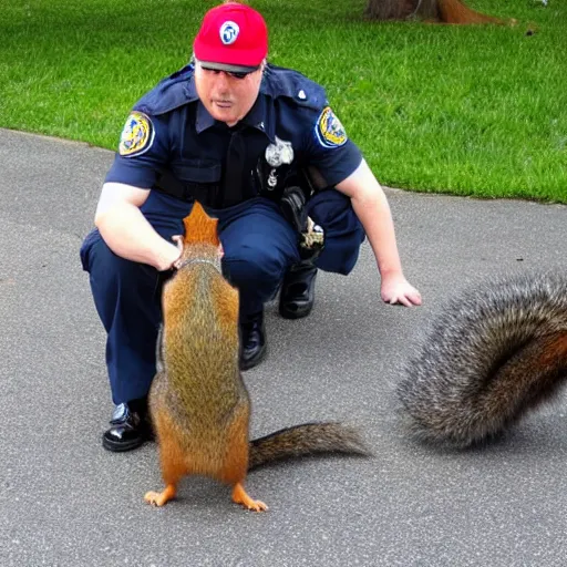 Image similar to a dog-cop ticketing a squirrel with a fine for speeding