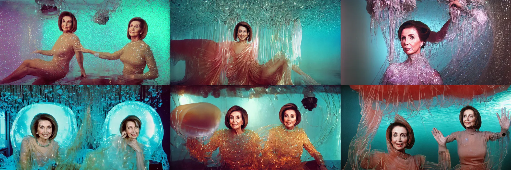 Prompt: upper body portrait closeup of lush Nancy Pelosi as a jellyfish human hybrid wearing roman armor, sitting inside of a partially flooded 1970s luxury bungalow cabin with infinity mirror walls, suspended soviet computer console on ceiling, ektachrome color photograph, volumetric lighting, off-camera flash, 14mm wide angle lens f8 aperture, photo taken 1 meter from subject