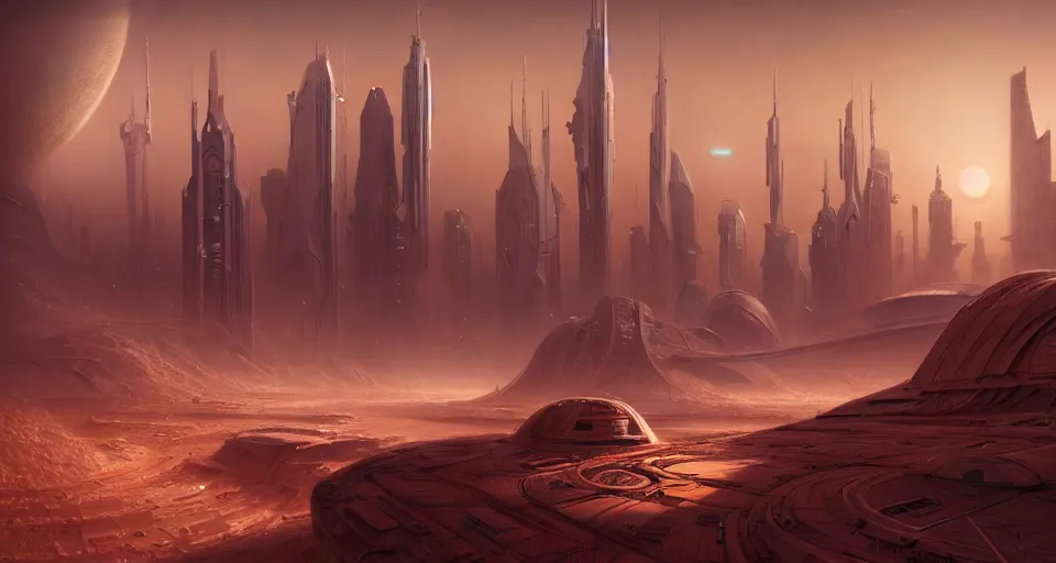 Image similar to cinematic shot, futuristic city on the mars made of stacked disks, utopian, digital painting, artstation, concept art, smooth, sharp focus, illustration, intricate, elegant, highly detailed, in the style of greg rutkowski and alphonse mucha and artemisia, 8 k, highly detailed, jurgens, rutkowski