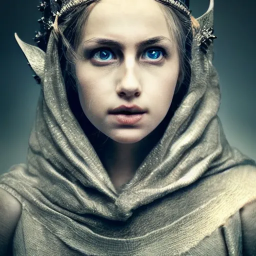 Prompt: stunning portrait photography of young beautiful half elf queen from national geographic award winning, dramatic lighting