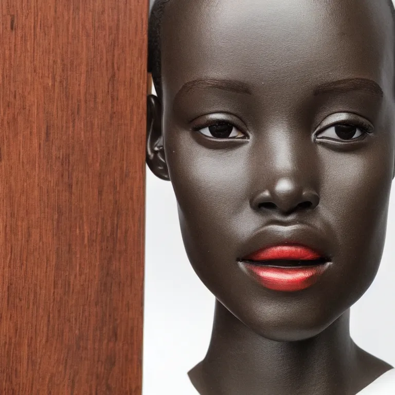 Prompt: monumental sculpture minimalist!!! portrait of a lupita nyong'o, beautiful symmetrical face accurate face detailed face realistic proportions, carved out of red oak wood on a pedestal by stephan balkenhol and martin puryear and ron mueck, geometric dramatic lighting shocking detail trending on artstation 8 k
