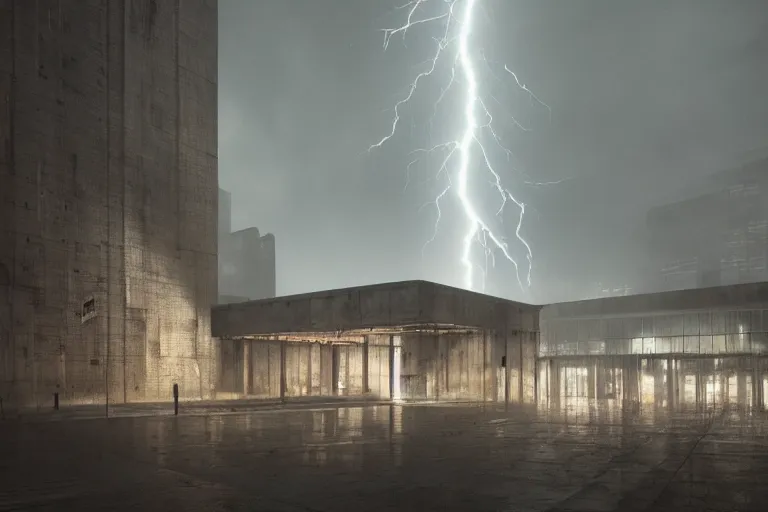 Image similar to cathedral, brutalist architecture, metal, concrete, mist, rain, night, dramatic lighting, lightning bolt, trending on Artstation, 8k, highly realistic, hyper detailed, unreal engine 5, IMAX quality, realistic, cinematic, epic lighting, realistic, in the style of Greg Rutkowski