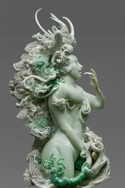 Image similar to a closeup photo, rococo alabaster and jade real delicate ceramic porcelain sculpture of an ornate detailed phoenix goddess in front of an intricate background by rafael, micro detail, backlit lighting, subsurface scattering, translucent, thin porcelain, emerald, jade, octane renderer, colorful, physically based rendering, trending on cgsociety