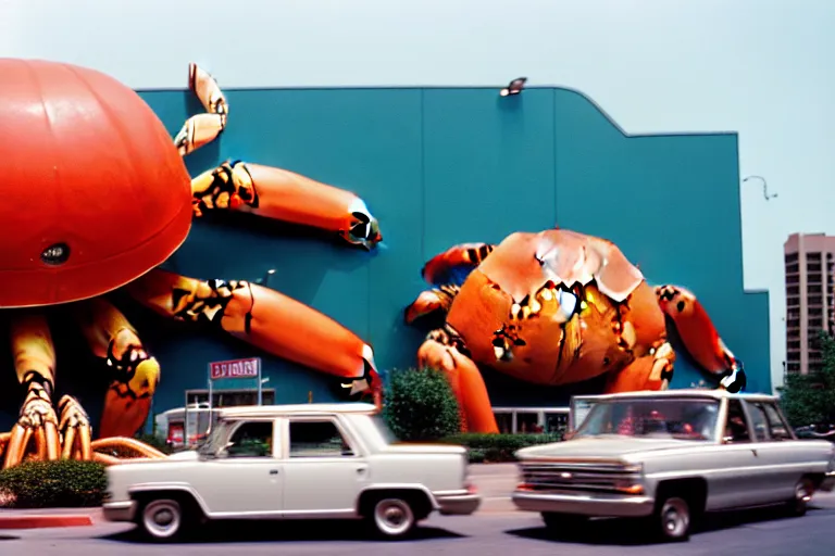 Image similar to 2 0 1 5 giant crab terrorizing a city, googie architecture, americana, fishcore, exterior photography, hd 8 k, photography cinestill