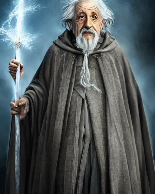 Image similar to Albert Einstein as Gandalf, Lord of the Rings, elegant robe, portrait art, wooden glowing staff, dark fantasy forest, fine details, perfect, 8k high detail, masterpiece, trending on ArtStation