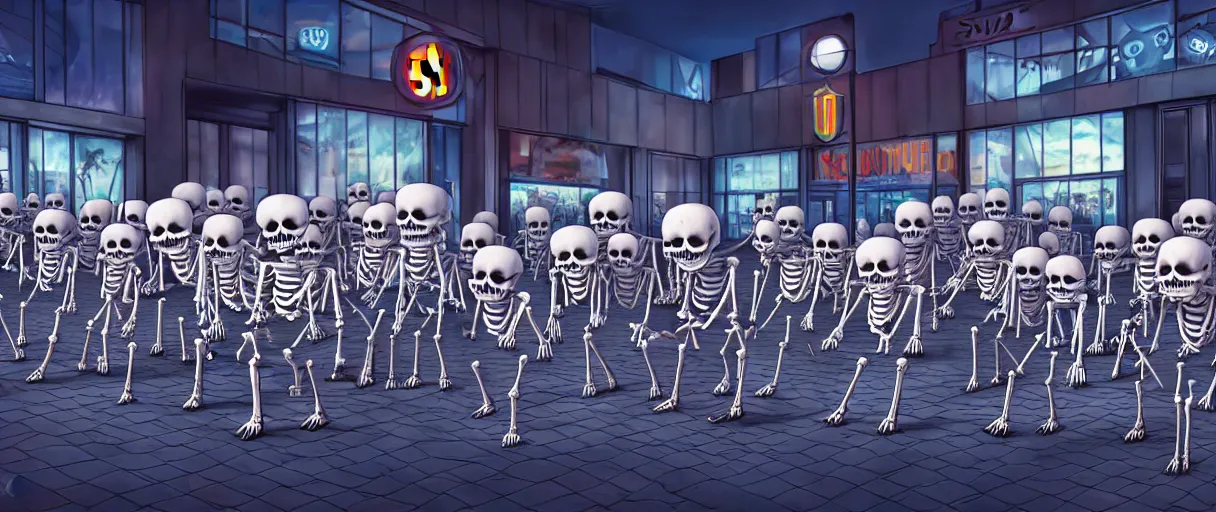 Image similar to hyperrealistic supercute skeleton army mall in background ute osterwald jason limon professional concept art dramatic blue lighting wide angle hd 8k sharp shallow depth of field