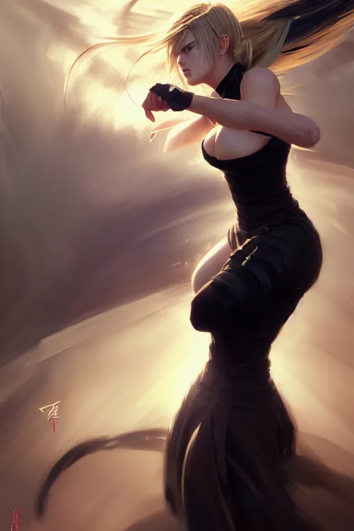 Prompt: Tekken 4 fighter anime Stunning Portrait Kate Upton fighting with long black dress by Greg Rutkowski, blonde long hair, in a fighting stance, A man attacks super speed, digital painting, artstation, concept art, soft light, hdri, smooth, sharp focus, illustration, art by tian zi, craig mullins, Mark Arian, WLOP, alphonse mucha