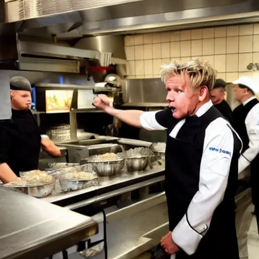 Prompt: gordon ramsay yelling at mcdonald's employees in the mcdonald's kitchen on kitchen nightmares. the employees are lined up and in their mcdonald's uniforms. 4 k broadcast