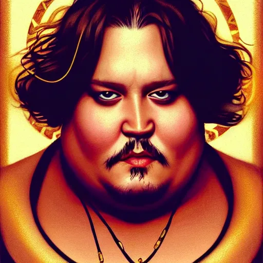 Image similar to fat overweight johnny depp showing his belly, sci fi, glowing eyes, volumetric lights, gold theme, art nouveau botanicals, intricate, highly detailed, digital painting, artstation, concept art, smooth, sharp focus, cinematic, illustration, beautiful face, art by artgerm and greg rutkowski and alphonse mucha