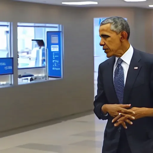 Image similar to Security Footage of Obama in a Bank, 40nm, shallow depth of field, split lighting, 4k,