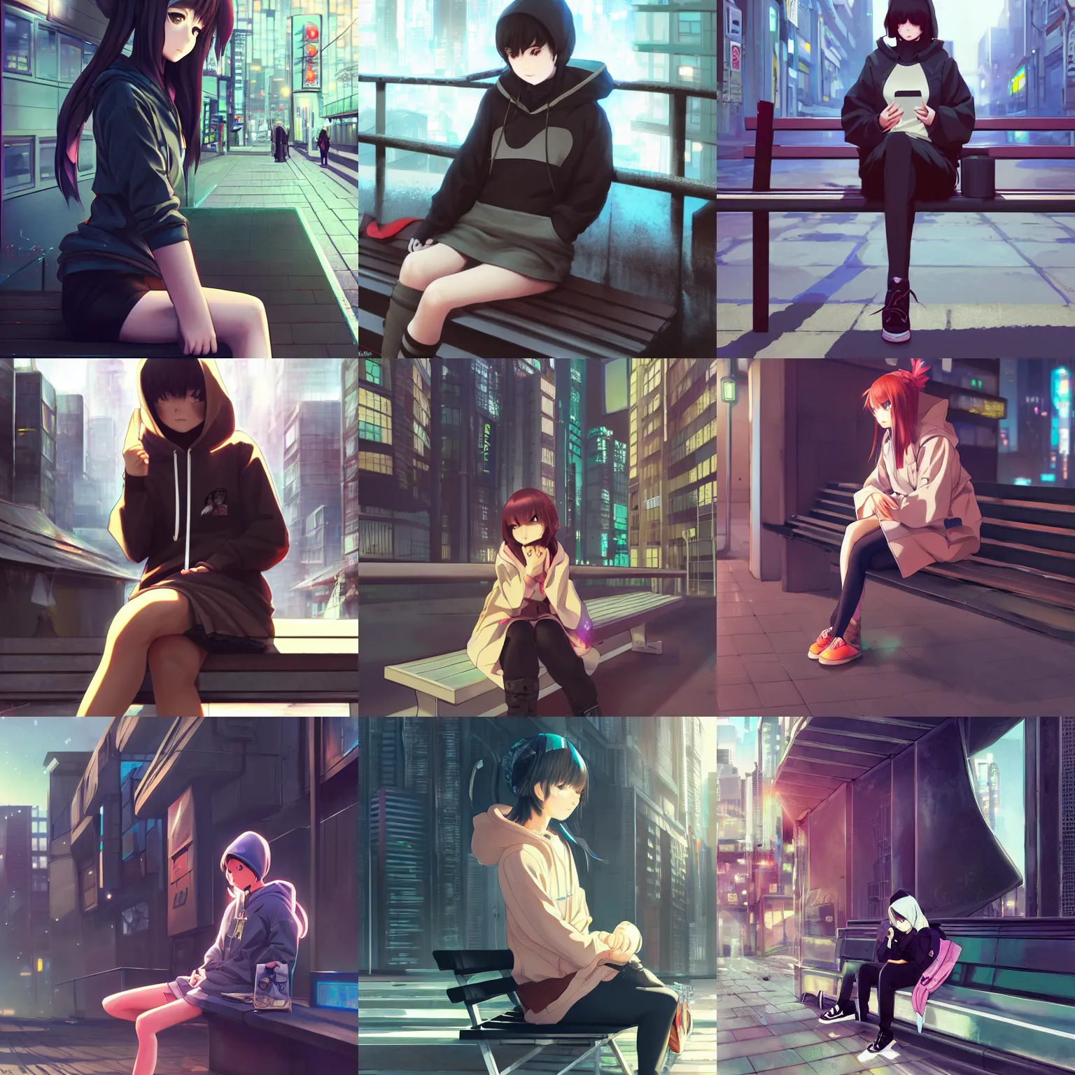 Prompt: anime girl wearing hoodie sitting on a bench in a cyberpunk city, digital anime art, full body shot, wlop, ilya kuvshinov, artgerm, krenz cushart, greg rutkowski, ilya kuvshinov face