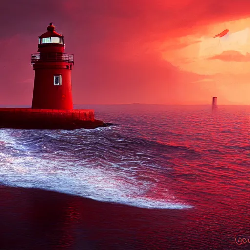 Prompt: beautiful lonely red lighthouse, standing behind red water, 4 k resolution, ultra detailed, style of greg rutkowski, ryan dening,