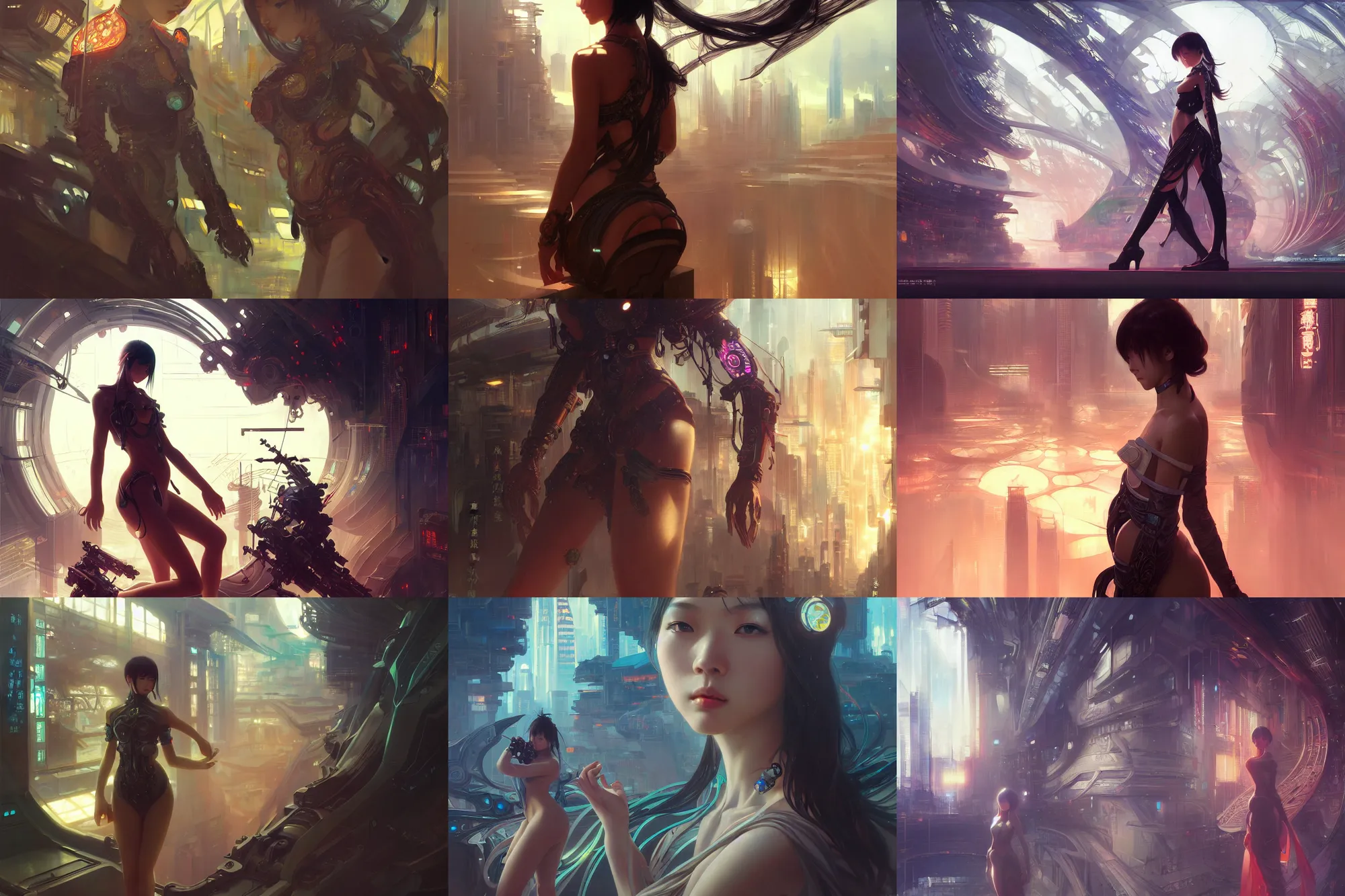 Prompt: beautiful futuristic kowloon techno art, beautiful alluring anime teen, gorgeous face and figure, sci - fi, fantasy, intricate, elegant, highly detailed, digital painting, artstation, concept art, smooth, sharp focus, illustration, art by tian zi and yuxiang chen and alphonse mucha and greg rutkowski