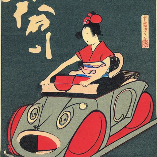 Image similar to a japanese print of a woman driving a frog car