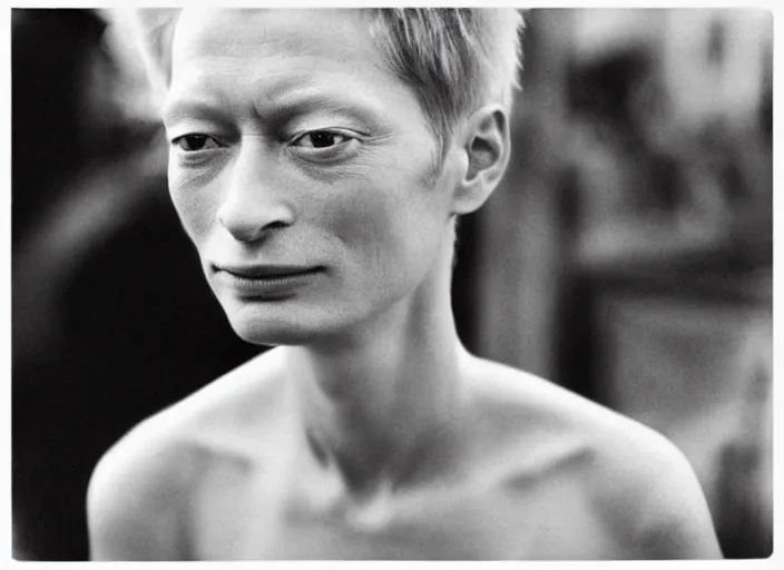 Image similar to professional fine detailed photo portrait of young tilda swinton from makhachkala, dagestan. kid tilda swinton in the postsoviet suburbia, iphone photo, instagram, black and white - - cfg _ scale 7