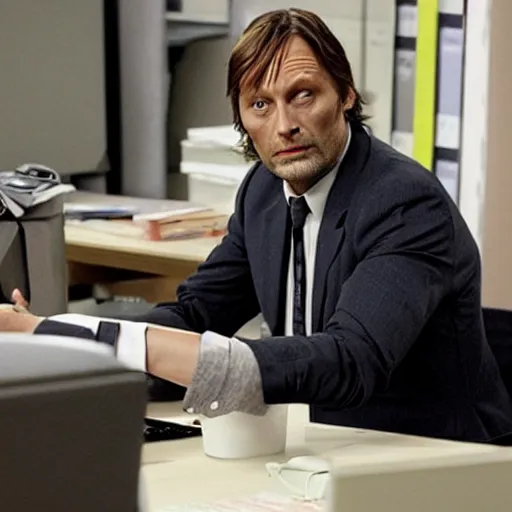 Prompt: Mads Mikkelsen in The Office US, deadpan shot, funny, sitcom