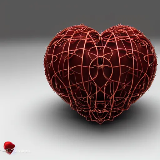 Image similar to complex 3d render ultra-detailed of a leather basketball in the shape of a heart, sacred heart with net around it like thorns, 150 mm, beautiful natural soft light, rim light, silver gold details, maze like, mesh wire, intricate details, hyperrealistic, ultra detailed, mandelbrot fractal, anatomical, white metal neocubism armor, elegant, octane render, H.R. Giger style, 8k