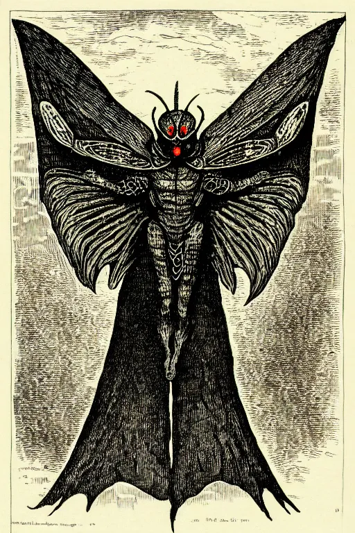 Prompt: mothman, as a demon from the dictionarre infernal, pen - and - ink illustration, etching by louis le breton, 1 8 6 9, 1 2 0 0 dpi scan, ultrasharp detail, hq scan, intricate details, stylized border