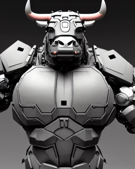 Prompt: a full body shot of a imposing cyborg ( bull ) modeled after a bull with open eyes looking into the camera, hard rubber chest, highly detailed, android, cyborg, full body shot, intricate, 3 d, hyper realism, symmetrical, octane render, strong bokeh, fantasy, highly detailed, depth of field, digital art, artstation, cinematic lighting