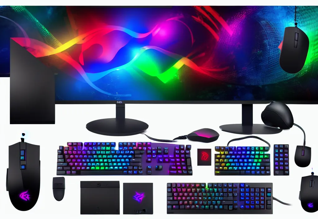 Image similar to the ultimate gaming setup rgb, three monitors, colorful, glossy, octane render, 8 k, detailed, rgb keyboard, rgb mouse, gaming pc, microphone, detailed