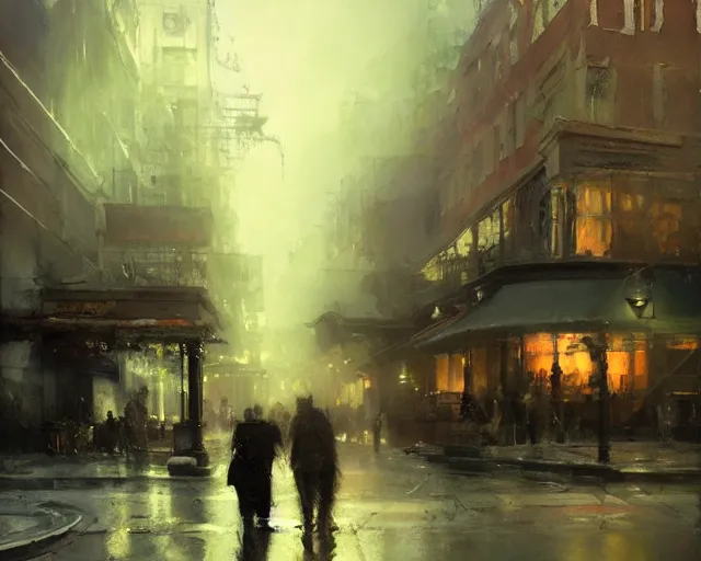 Image similar to detailed street scene, volumetric lighting, painting by jeremy mann