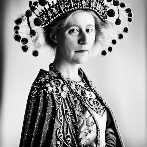 Prompt: portrait photograph of a very beautiful Scandinavian queen with ornate cloak, bokeh, graflex camera, macro 15mm