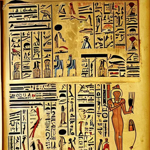 Image similar to page full of egyptian hieroglyphs describing magic spell