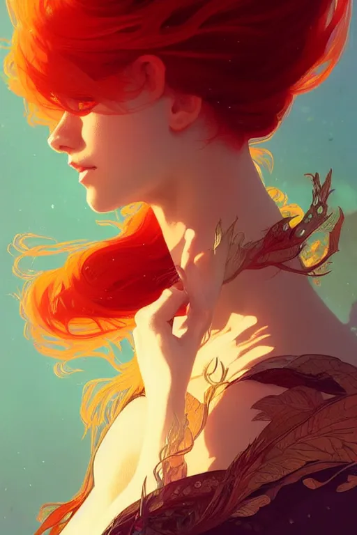 Image similar to a beautiful girl with fire hair, fantasy, portrait, sharp focus, intricate, elegant, digital painting, artstation, matte, highly detailed, concept art, illustration, ambient lighting, art by ilya kuvshinov, artgerm, Alphonse mucha, and Greg Rutkowski