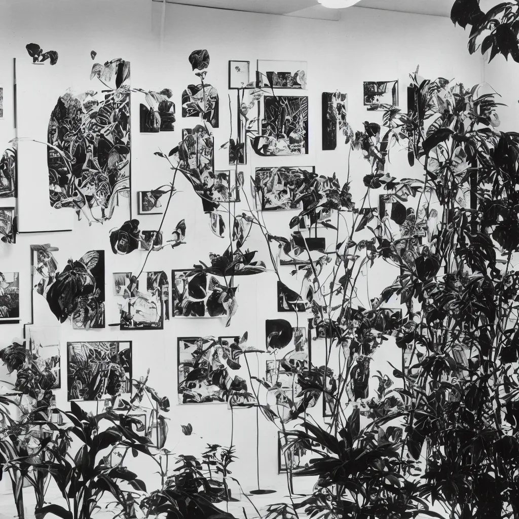 Image similar to A black and white photography of an exhibition space with works of Sun Ra, Marcel Duchamp and tropical plants, 60s, offset lithography print