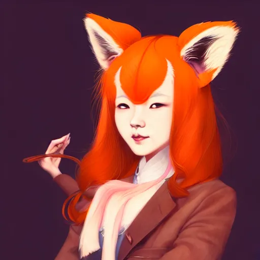 Image similar to character design portrait of a beatiful chinese anthropomorphic furry fox woman with fox ears, long orange hair, wearing a suits, looking at the camera, 4 k, concept art, by wlop, wenjun lin, watercolor, ilya kuvshinov, artgerm, krenz cushart, pixiv.